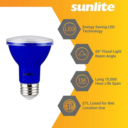 Sunlite 81467 LED PAR20 Colored Recessed Light Bulb, 3 Watt (50w Equivalent), Medium (E26) Base, Floodlight, ETL Listed, Blue, 1 Count