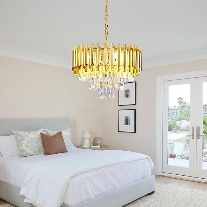 FRIXCHUR 16-Inch Modern Gold Crystal Chandelier, Ceiling Light Fixture, Adjustable Pendant Light – Suitable for Dining Room, Foyer, Kitchen and Bedroom