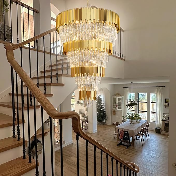11-Tier K9 Crystal Chandelier, 32" Modern Gold Adjustable Height Pendant Light, Luxury Round Chandeliers for High Ceiling, Foyer, Staircase, Entryway, Two-Story Living Room