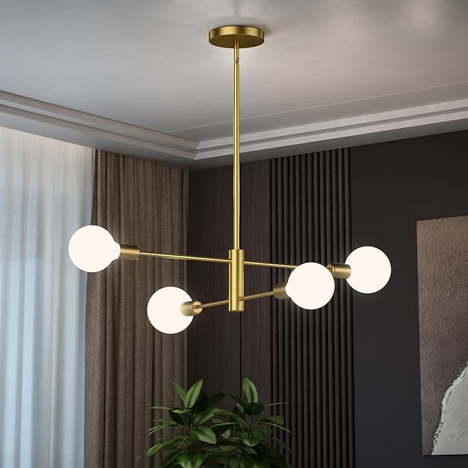 Gold Modern Sputnik Chandelier, 4-Lights Mid Century Chandeliers Flush Mount Sputnik Lights Fixture for Dining Room, Living Room,Kitchen Island Height Adjustable (Bulbs Not Included)