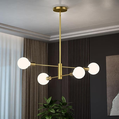 Gold Modern Sputnik Chandelier, 4-Lights Mid Century Chandeliers Flush Mount Sputnik Lights Fixture for Dining Room, Living Room,Kitchen Island Height Adjustable (Bulbs Not Included)