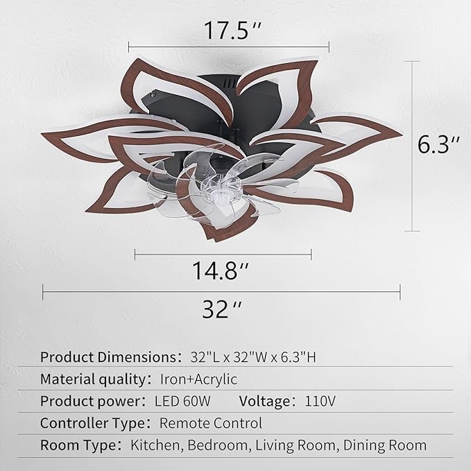 32inch Flower Modern Ceiling Fans with Lights, Low Profile Ceiling Fan with Remote for Bedroom, Flush Mount Ceiling Fan with LED Dimmable Light,6-Speeds, Timing CeilingFan Light-Walnutcolor