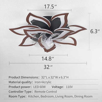 32inch Flower Modern Ceiling Fans with Lights, Low Profile Ceiling Fan with Remote for Bedroom, Flush Mount Ceiling Fan with LED Dimmable Light,6-Speeds, Timing CeilingFan Light-Walnutcolor