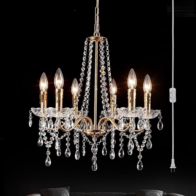 Crystal Plug in Chandelier Lighting with Long Cord, 6 Lights Gold French Country Plug in Pendant Light Modern Hanging Chandeliers for Dining Room Kitchen Bedroom Living Room