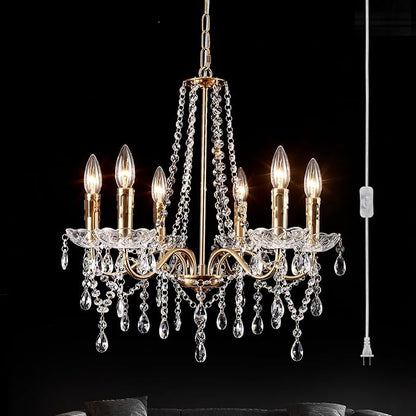 Crystal Plug in Chandelier Lighting with Long Cord, 6 Lights Gold French Country Plug in Pendant Light Modern Hanging Chandeliers for Dining Room Kitchen Bedroom Living Room