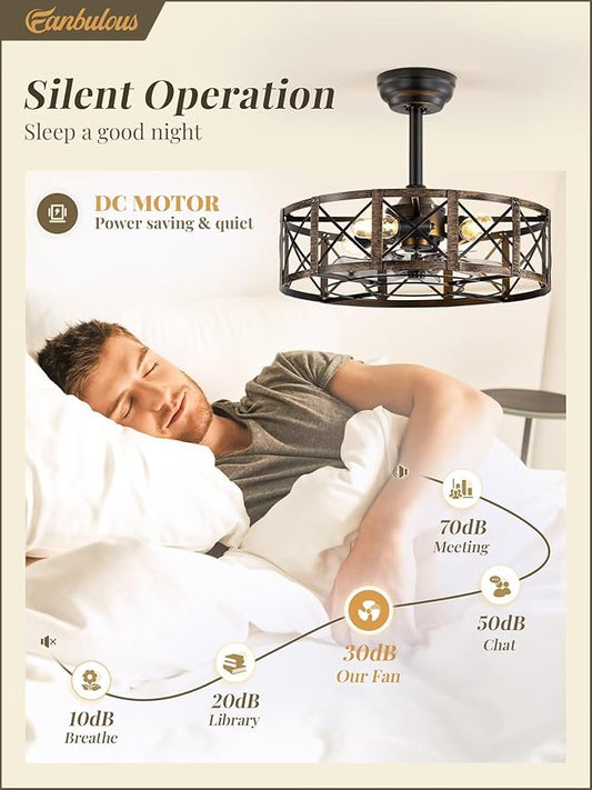 Fanbulous 20 Inch Fandelier Caged Ceiling Fans with Lights and Remote, Black Farmhouse Ceiling Fan, Bladeless Samll Fan Lights Ceiling Fixtures for Kitchen, Bedroom-Black and Gold
