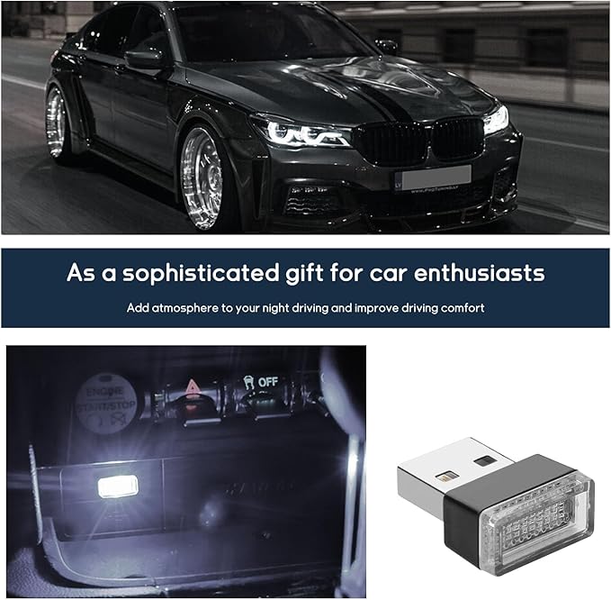 Dickno 4 PCS USB LED Car Interior Atmosphere Lamp, Portable Mini LED Night Light, Plug-in USB Interface Trunk Ambient Lighting Kit, Universal Vehicle Interior Accessories (White)