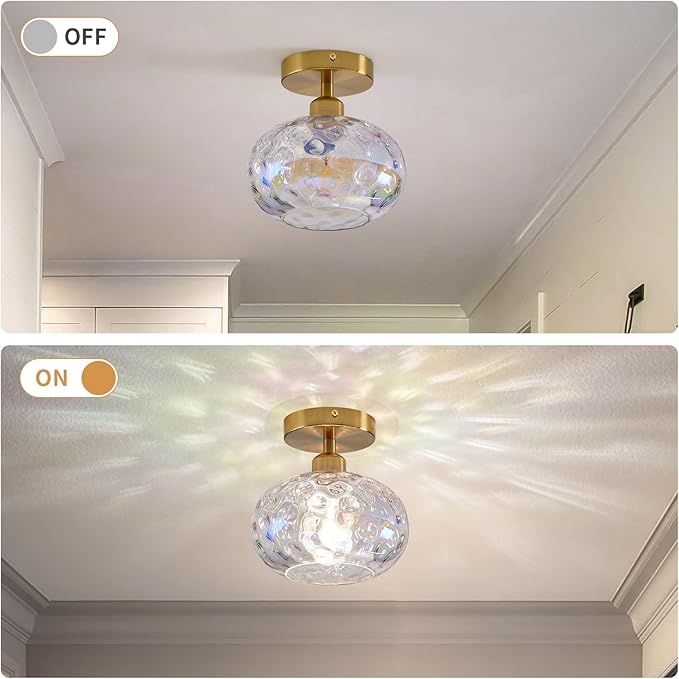Luafac Vintage Glass Flush Mount Ceiling Light - 7.9 Inch Iridescent Hammered Glass Hallway Light fixtures Ceiling, Gold Semi Flush Mount Ceiling Light for entryway Foyer Laundry Room Kitchen