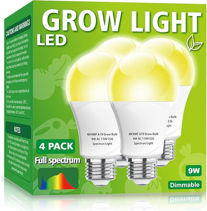 4 Pack LED Grow Light Bulbs A19 Bulb, Full Spectrum Plant Light Bulb, 9W E26 Grow Bulb Replace up to 80W, Grow Light for Indoor Plants, Flowers, Greenhouse, Indore Garden, Hydroponic