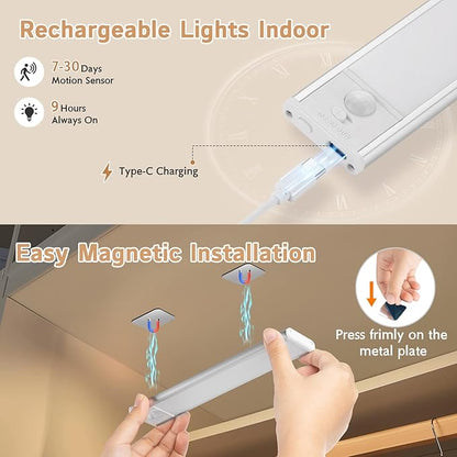 Under Cabinet Lighting Wireless, 4Pack Motion Sensor Light Indoor with 3 Color Temps, Dimmable Closet Lights Battery Operated, LED Magnetic Light, Rechargeable Under Counter Lights for Kitchen Stairs