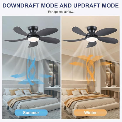 PHORUS 42" Black Low Profile Ceiling Fans with Lights and Remote,Small Flush Mount Ceiling Fans with Quiet Reversible DC Motor, Dimmable 3 CCT