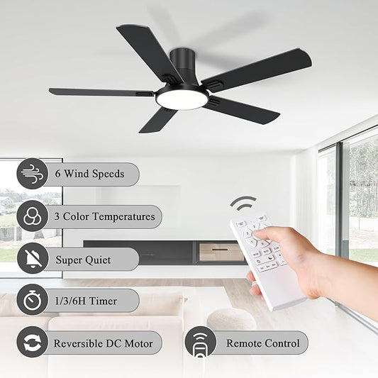 SNJ 52 Inch Black Ceiling Fans with Lights and Remote,Flush Mount Low Profile 5 Blades Ceiling Fan,Dimmable Quiet Reversible DC Motor for,Living Room,Bedroom and Patio