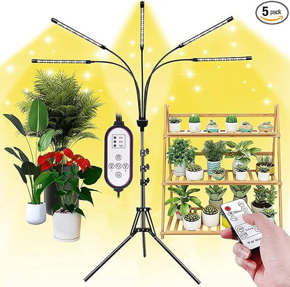 yentbokj 5-Head Adjustable LED Lights, Full Spectrum Grow Lamp with Timer, Warm White Light for Indoor Plants