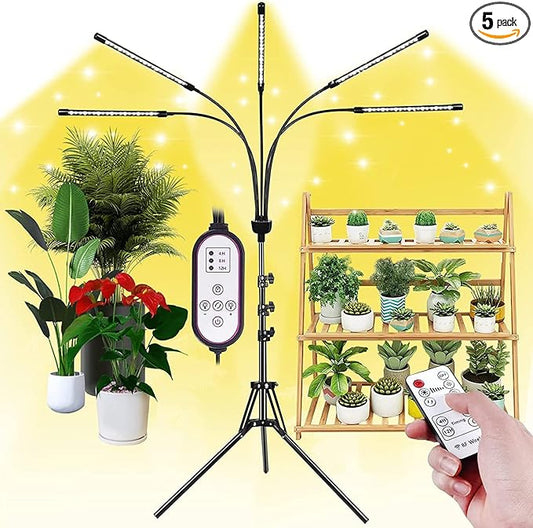 yentbokj 5-Head Adjustable LED Lights, Full Spectrum Grow Lamp with Timer, Warm White Light for Indoor Plants