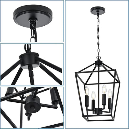 MELUCEE Farmhouse Chandelier 4 Lights Lantern Pendant Light in Black Finish Vintage Openwork Cage Hanging Light Ceiling for Kitchen Island Dining Room Hallway Entryway, E12 Base