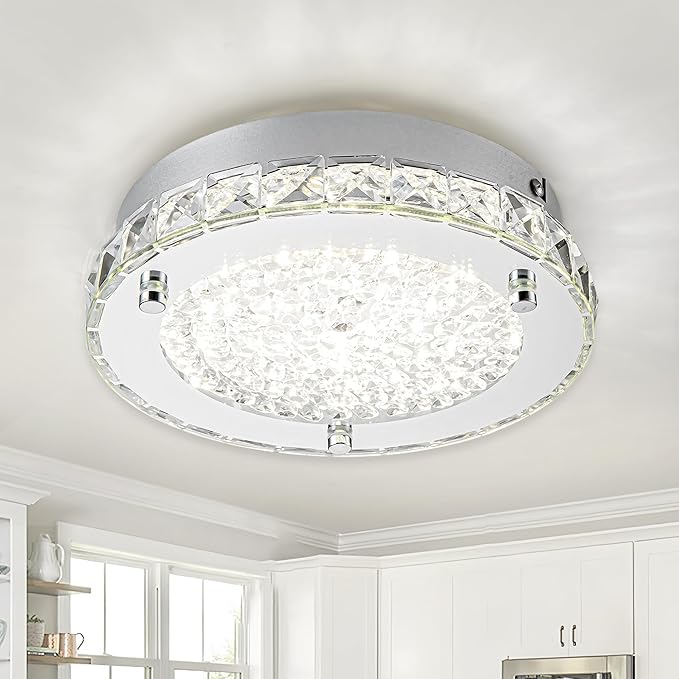 Flush Mount Crystal Ceiling Light Modern Ceiling Light Hallway Light Fixtures LED 4000K Round Ceiling Light 8 Inch for Small Space, Bedroom, Foyer, Entryway, Kitchen