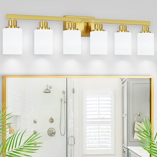 6 Light Gold Bathroom Vanity Light, Gold Bathroom Light Fixtures, 38" Modern Brushed Gold Vanity Lighting Fixtures for Bathroom Over Mirror, Gold Sconces Wall Lighting for Bedroom Living Room