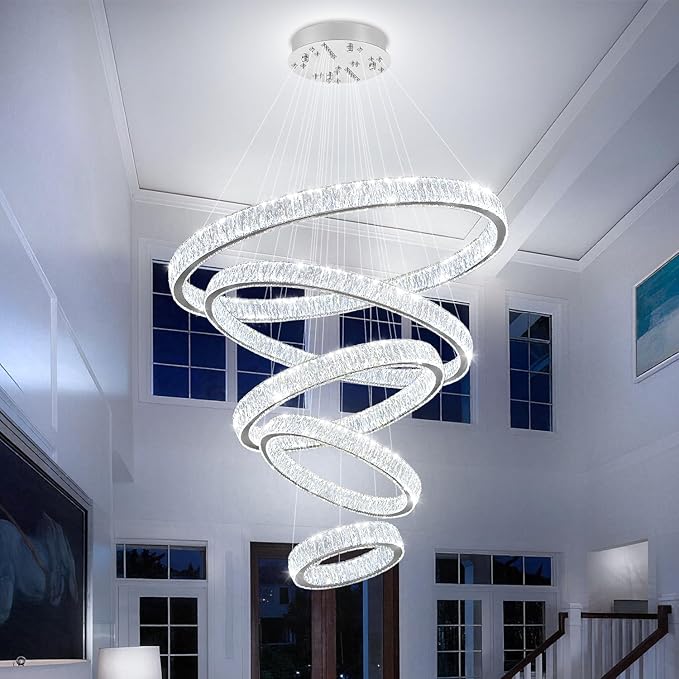 Extra Large 5 Ring Crystal Chandelier High Ceiling Chandeliers for Foyer,Modern Luxury Crystal Ring Chandelier Dimmable Led Ceiling Lighting for Staircase Villa D8''+15.7"+23.6"+31.5"+39.4"