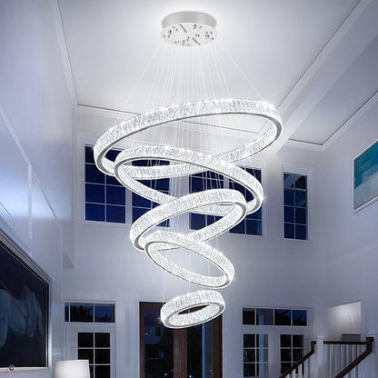 Extra Large 5 Ring Crystal Chandelier High Ceiling Chandeliers for Foyer,Modern Luxury Crystal Ring Chandelier Dimmable Led Ceiling Lighting for Staircase Villa D8''+15.7"+23.6"+31.5"+39.4"