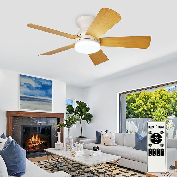 35-Inch Ceiling Fans with Lights: Wood Low Profile Ceiling Fan with Light and Remote Control - Reversible Flush Mount Fans - 3CCT Dimmable Small Ceiling Fan for Bedroom Indoor/Outdoor Use