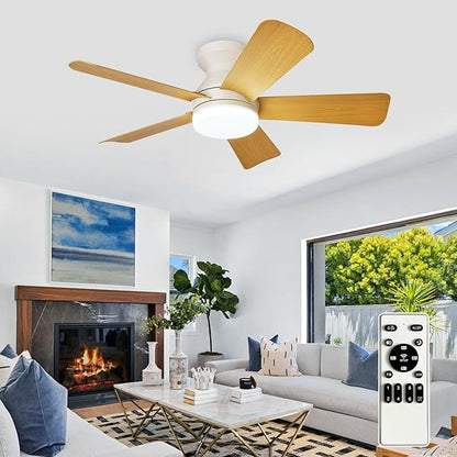 35-Inch Ceiling Fans with Lights: Wood Low Profile Ceiling Fan with Light and Remote Control - Reversible Flush Mount Fans - 3CCT Dimmable Small Ceiling Fan for Bedroom Indoor/Outdoor Use