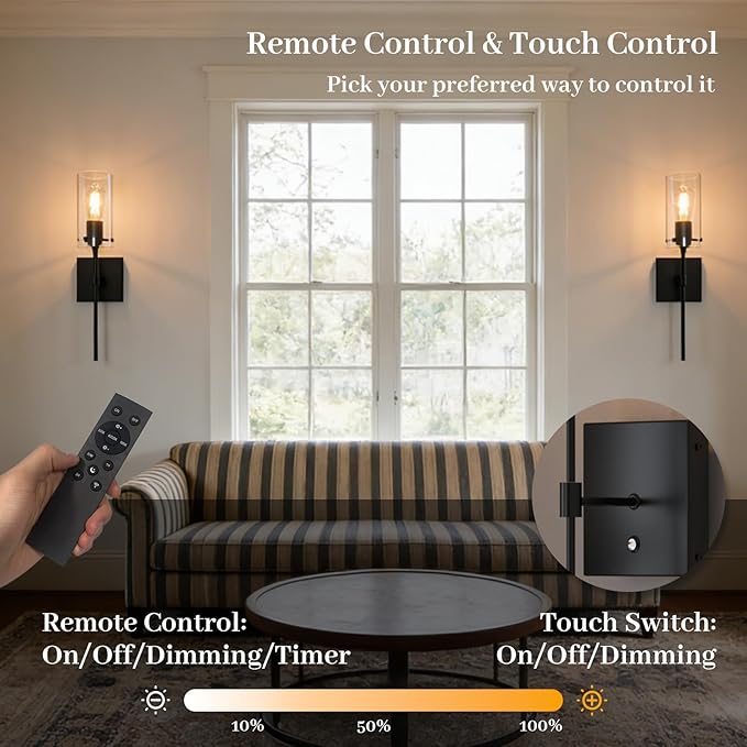 Wireless Wall Sconces with Remote Control, Black Battery Operated Wall Sconces Set of 2, Rechargeable Dimmable Wall Light for Bedroom Living Room Bathroom Hallway Entryway Stairwell,3 Colors