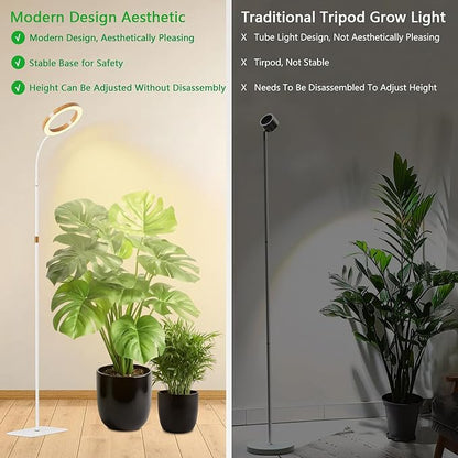 SDOVUERC Full Spectrum Grow Light with Stand for Indoor Plants, Floor Plant Light, 6/12/18H Timer, 3 Color Modes, Adjustable Height 16.5–68in, for Large Plants & Home Décor(1 Head,Faux Wood Grain)