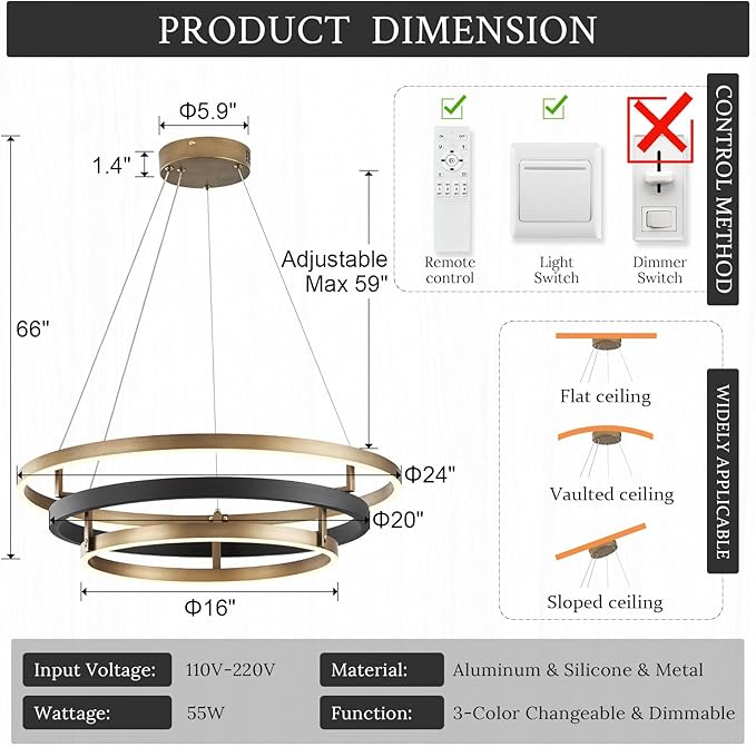 Modern Brass Chandelier for Living Room LED 3-Ring Dimmabel Chandelier Black & Gold Light Fixture Round Entry Foyer Chandeliers Lighting for Dining Room Bedroom Office 24in