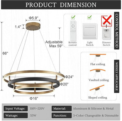 Modern Brass Chandelier for Living Room LED 3-Ring Dimmabel Chandelier Black & Gold Light Fixture Round Entry Foyer Chandeliers Lighting for Dining Room Bedroom Office 24in