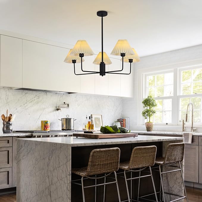 KCO Lighting Vintage Pleated Fabric Ceiling Light Fixture Mid Century Modern Black Chandelier Contemporary Large White Chandelier 5 Light Chandeliers for Dining Room Living Room