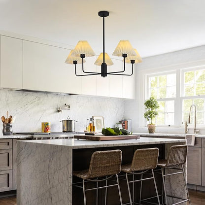 KCO Lighting Vintage Pleated Fabric Ceiling Light Fixture Mid Century Modern Black Chandelier Contemporary Large White Chandelier 5 Light Chandeliers for Dining Room Living Room