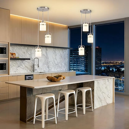 Brushed Nickel 3-Light Pendant Lighting, Adjustable Cluster Hanging Light Fixture with Milk Glass Shade, Modern Pendant Light for Kitchen Island Dining Room Bar