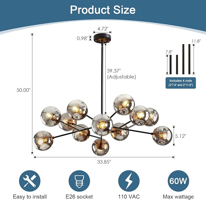 DDLLDESHI Modern Black Chandelier Sputnik Ceiling Light Fixture with 12 Globe Glass Shade Chandeliers for Dining Room Farmhouse Kitchen Living Room Bedroom Office（34" Large Chandelier）