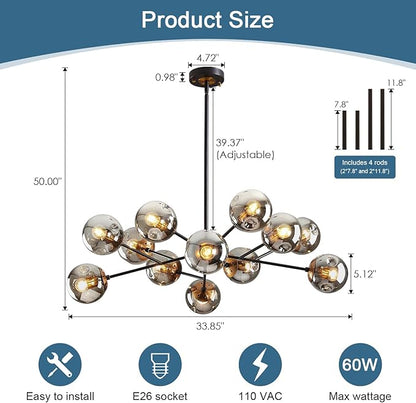 DDLLDESHI Modern Black Chandelier Sputnik Ceiling Light Fixture with 12 Globe Glass Shade Chandeliers for Dining Room Farmhouse Kitchen Living Room Bedroom Office（34" Large Chandelier）