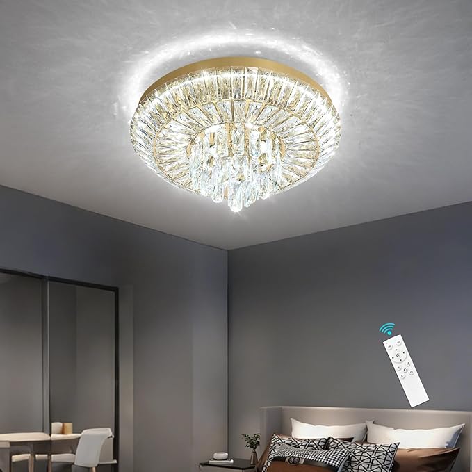 Crystal Chandelier 40W Modern Round Ceiling Light Fixture LED Raindrop Chandeliers Dimmable with Remote for Dining Room Living Room Entryway Hallway Bedroom Gold