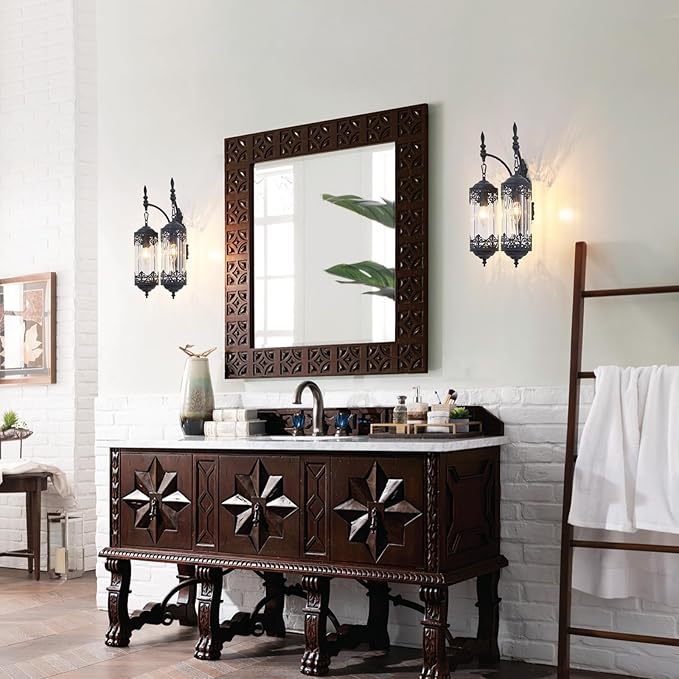 Rustic Glass Wall Sconce Vintage Antique Gothic Wall Light Fixture Retro Farmhouse Mid Centry Lantern Wall Sconce for Bedroom, Living Room, Mirror, Black