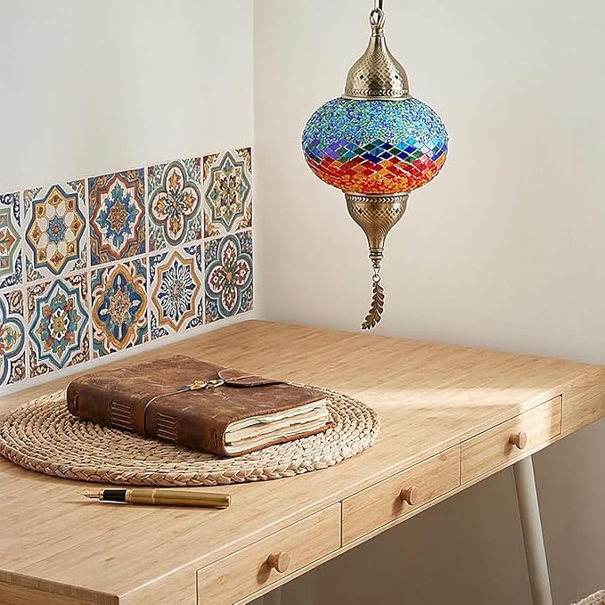 Turkish Moroccan Mosaic Pendant Light - Handcrafted Tiffany Style Swag Lamp with 15ft Cord, Vintage Glass Ceiling Fixture Lighting for Mediterranean Decor (Multicolor2)