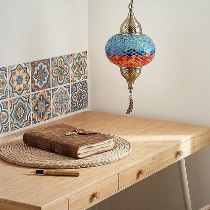 Turkish Moroccan Mosaic Pendant Light - Handcrafted Tiffany Style Swag Lamp with 15ft Cord, Vintage Glass Ceiling Fixture Lighting for Mediterranean Decor (Multicolor2)