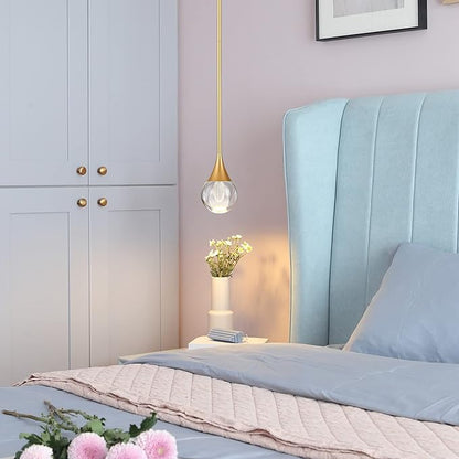 1-Light Teardrop Crystal Pendant Light, Brass Gold Globe Ceiling Hanging Light Fxitures, LED Raindrop Light Fixtures Metal Rod Ceiling Glass Pendant Lighting for Kitchen Island Dining Room Bar