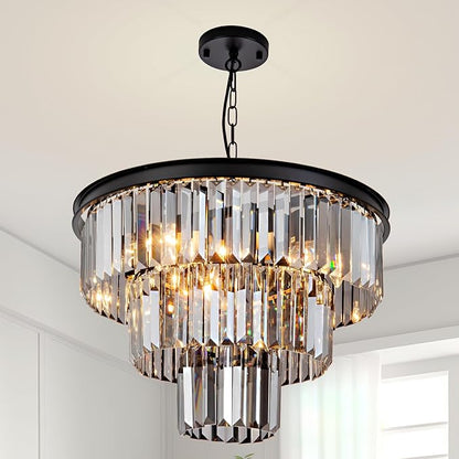 8 Light Black Crystal Chandelier 20'' Luxury Smoke Modern Dining Room Light Fixture 3-Tier Round Hanging Pendant Ceiling Lighting for Entryway Foyer Living Room Adjustable Height E12