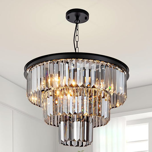8 Light Black Crystal Chandelier 20'' Luxury Smoke Modern Dining Room Light Fixture 3-Tier Round Hanging Pendant Ceiling Lighting for Entryway Foyer Living Room Adjustable Height E12