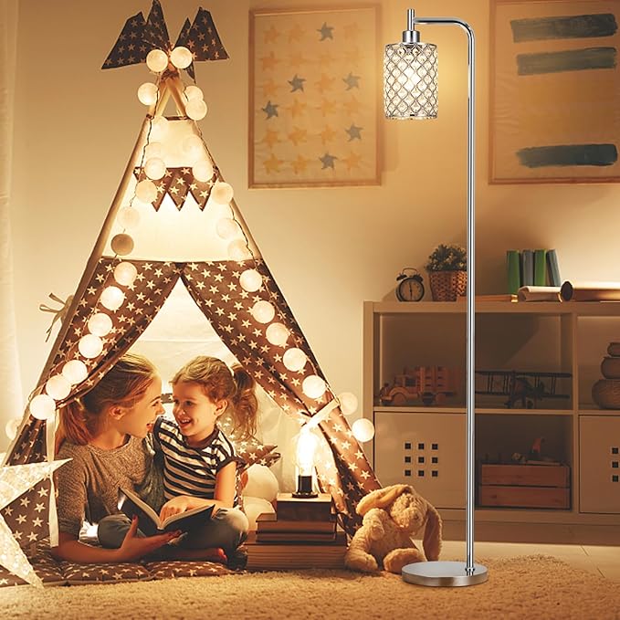 Ziisee Crystal Floor Lamp - Industrial Modern Standing Lamps with LED Bulb for Living Room Bedroom Office - Silver