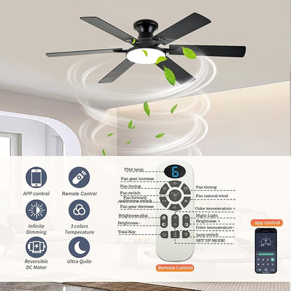 Ceiling Fans with Lights,54 Inch Low Profile Ceiling Fan with Light and Remote Control,6 Speeds/6 Blade,Flush Mount,LED Dimmable DC Reversible Modern, Black Ceiling Fan for Bedroom/Living Room