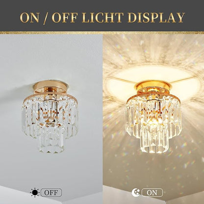 Mini Crystal Chandelier,Gold Crystal Chandeliers,2-Tier Semi Flush Mount Chandelier Pendant Lighting Fixture for Living Room Dining Room Foyer Bedroom Hallway E26 Base