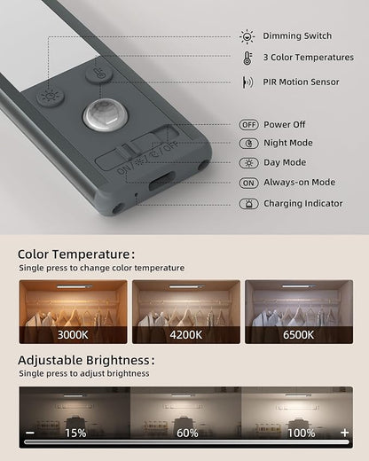 EZVALO Under Cabinet Lights, 1900mAh Rechargeable Motion Sensor Lights Indoor 3 Color Temps, 80 LED Closet Lights Wireless, Dimmable Under Counter Lights for Kitchen, Stairs, Hallway (2 Pack)
