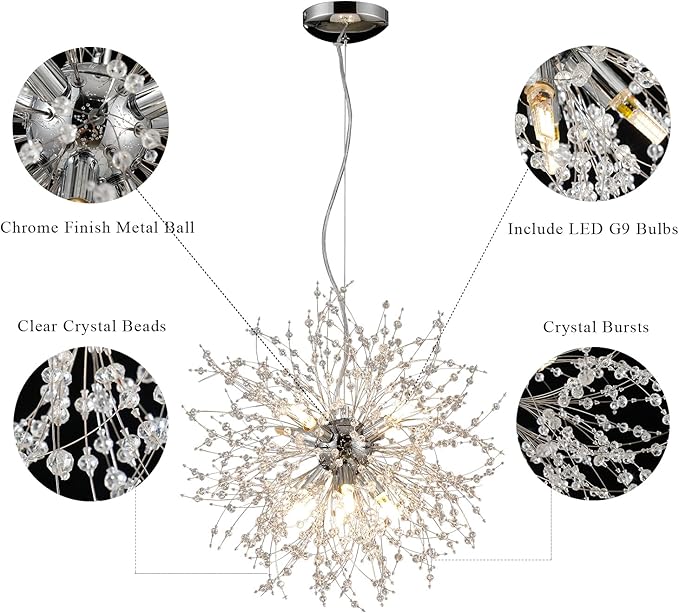 8-Light Modern Firework Chandeliers, Round Sputnik Hanging Lamp, Chrome Crystal Beaded Lighting, Small Dandelion Pendant Light for Entryway Dining Room Kitchen Island (Chrome, D15.7inch)