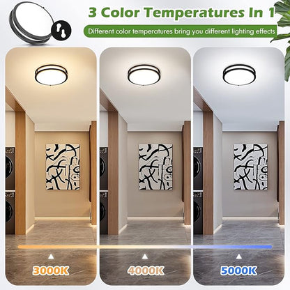 12 Inch Flush Mount Ceiling Lights, 36W 3200LM Black Dimmable Light Fixtures Ceiling Mount, 3000K-5000K Selectable Modern Kitchen Light Fixtures for Stairwell, Balcony, Corridor, Laundry (2-Pack)