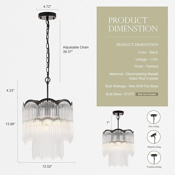 12.52" Black Clear Glass Crystal Pendant Light 5-Light Modern Crystal Pendant Ceiling Light Fixture 2-Tier Luxury Glass Chandeliers,for Dining Room Kitchen Island Living Room Bedroom