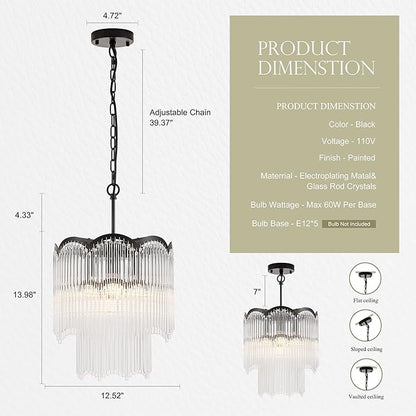 12.52" Black Clear Glass Crystal Pendant Light 5-Light Modern Crystal Pendant Ceiling Light Fixture 2-Tier Luxury Glass Chandeliers,for Dining Room Kitchen Island Living Room Bedroom