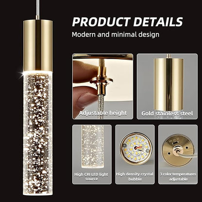 OKELI Modern Pendant Light,3 Color LED Bubble Crystal Island Light Fixtures,Gold Mini 3CCT Pendant Lighting for Kitchen Island,Bar,6W,3000-6000K,ETL
